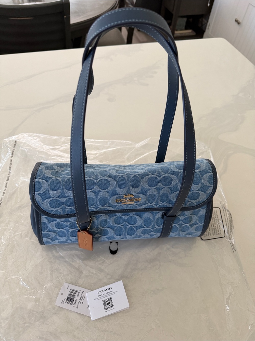 Coach Blue Denim Signature Canvas Shoulder Bag with Leather Trim - Picture 5 of 7